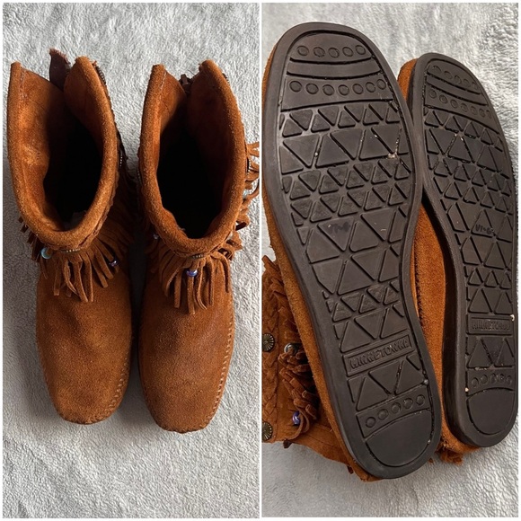 Minnetonka High Top Fringe Moccasin Suede Leather Beaded Boho Bootie Boot Brown - Picture 3 of 12